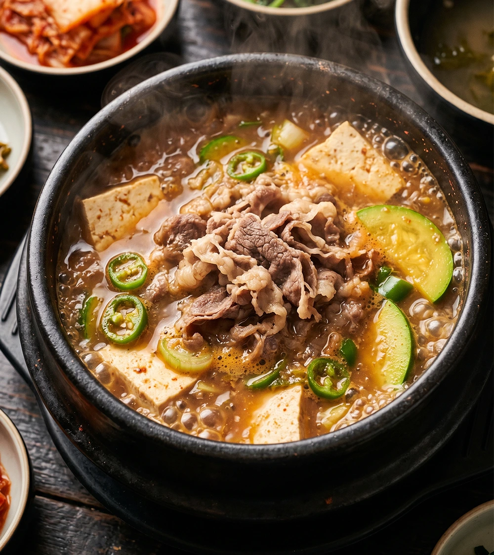두부와 고기가 들어간 뚝배기 찌개와 반찬들