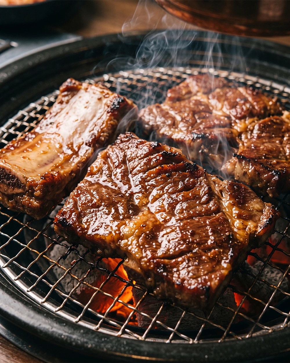 불길이 올라오는 참숯 석쇠 위 갈비
